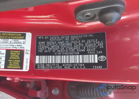 2012 Toyota Camry Se из США, поврежденный, VIN 4T1BF1FK8CU607598